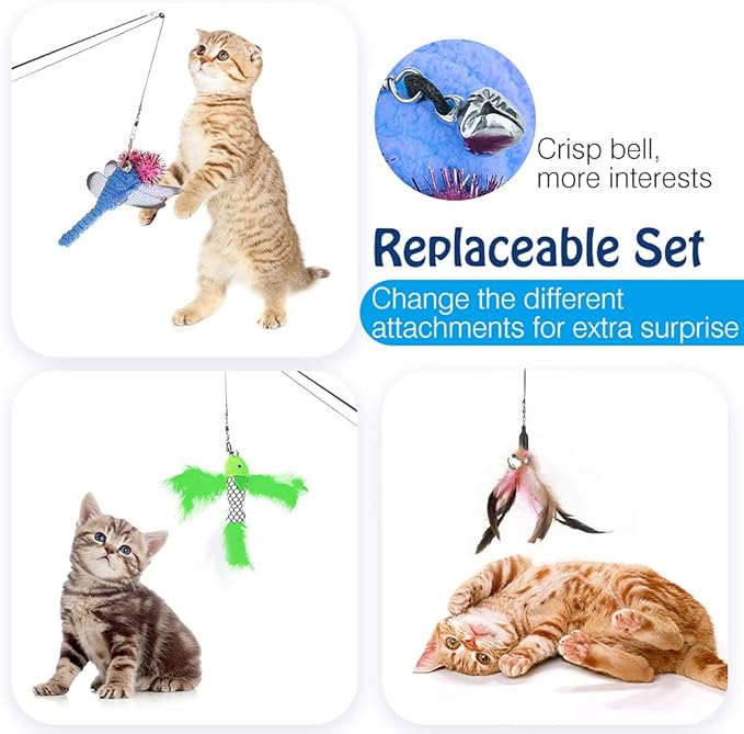 Pawaboo Cat Feather Toys, 4 Pack Interactive Teaser Wand, Retractable Fishing Pole Catcher Exerciser With Refill Fish, Dragonfly Worm With Bells, Fun Kitten Kitty Playing Toy-Mewly Pet