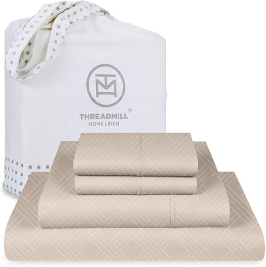 Threadmill Luxury Full Size Sheets for Full Size Mattress | 800 Thread Count Cotton Sheets | Jacquard Celine Light Beige | Better Than Egyptian Cotton| 4 Pc Bed Sheets | with Elasticized Deep Pocket