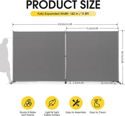 Rantila Indoor Room Divider, Portable Office Divider, Room Divider Wall Screen 2 Large Panel, Folding Partition Privacy Screen Walls Dividers for Room Separator 142" W x 71" H,Gray