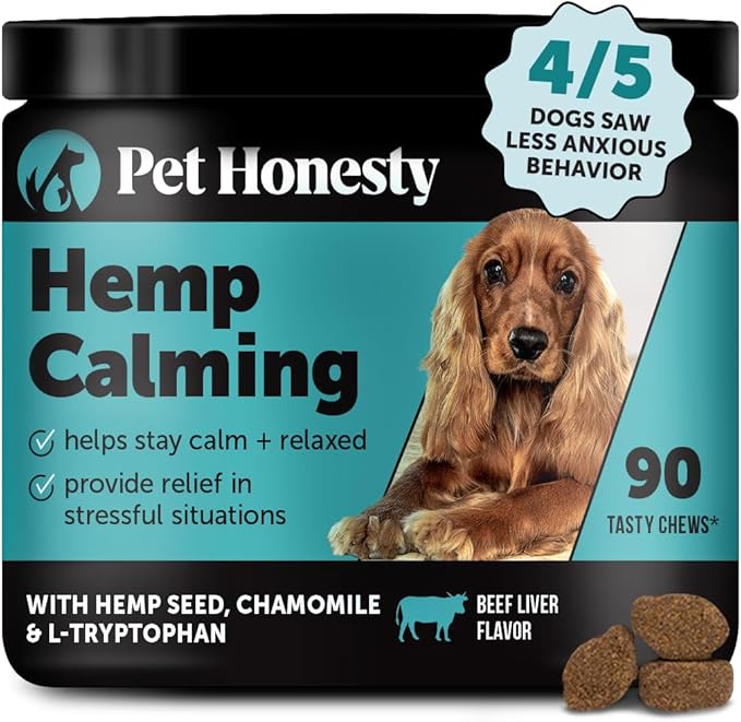 Natural Hemp Calming Chews for Dogs - Dog Anxiety Relief - Calming Aid Supplement with Valerian Root, Chamomile, + Magnesium - Stress, Separation & Thunder Support - (Beef Liver, 90 Count)-Mewly Pet