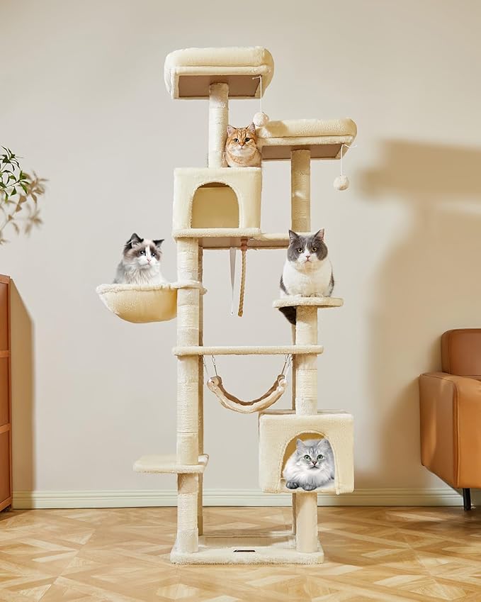 Taoqimiao Cat Tree, 71-Inch Cat Tree Cat Tower for Indoor Cats, Plush Multi-Level Cat Condo with 10 Scratching Posts, 2 Perches,Basket, 2 Caves,Hammock, 2 Pompoms,MS020M Beige-Mewly Pet