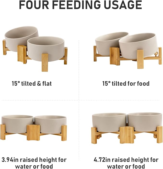 SPUNKYJUNKY 15° Slanted Ceramic Dog and Cat Bowl with Wooden Stand, Tilted Bulldog Food and Water Bowl No Slip Non-Spill for Cats Medium Dogs Big Face Pets 28.7 OZ (3.6 Cups, Grey × 2)-Mewly Pet