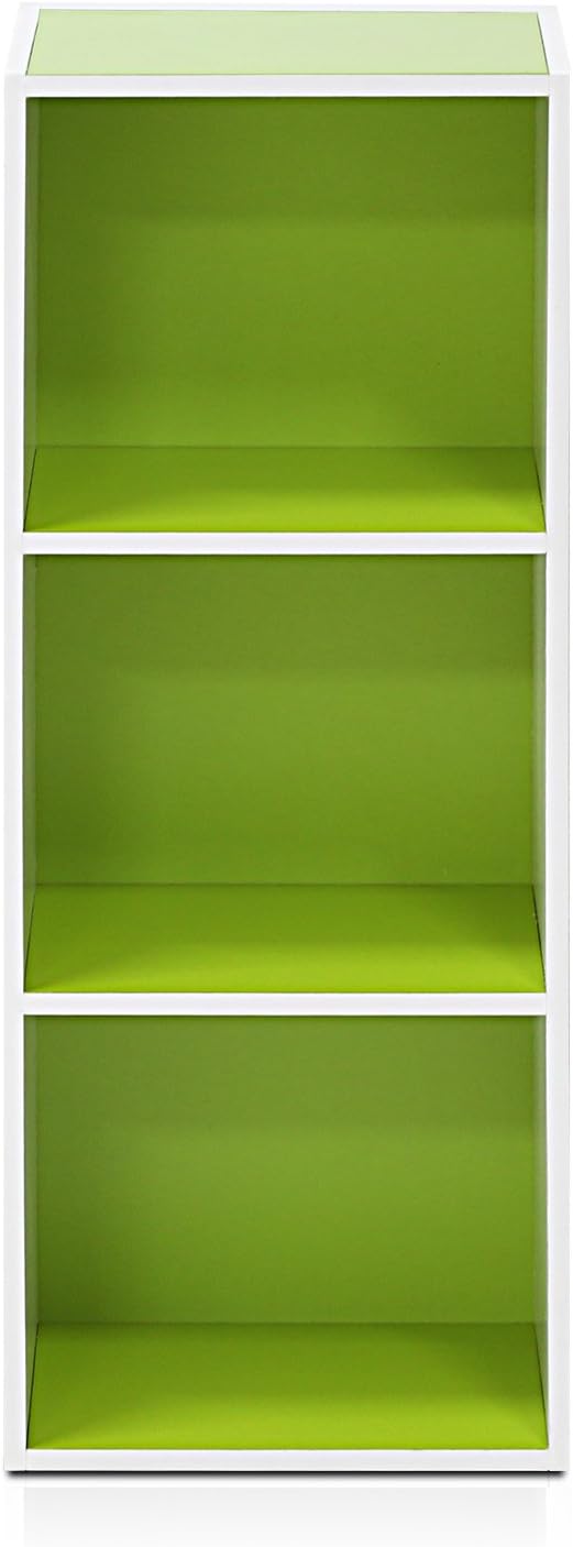 Furinno LUDER Book Shelf, 3-Cube Bookshelf, Bookcase, 9.3" x 12" x 31.5", for Living Room, Bedroom, Home Office, White/Green