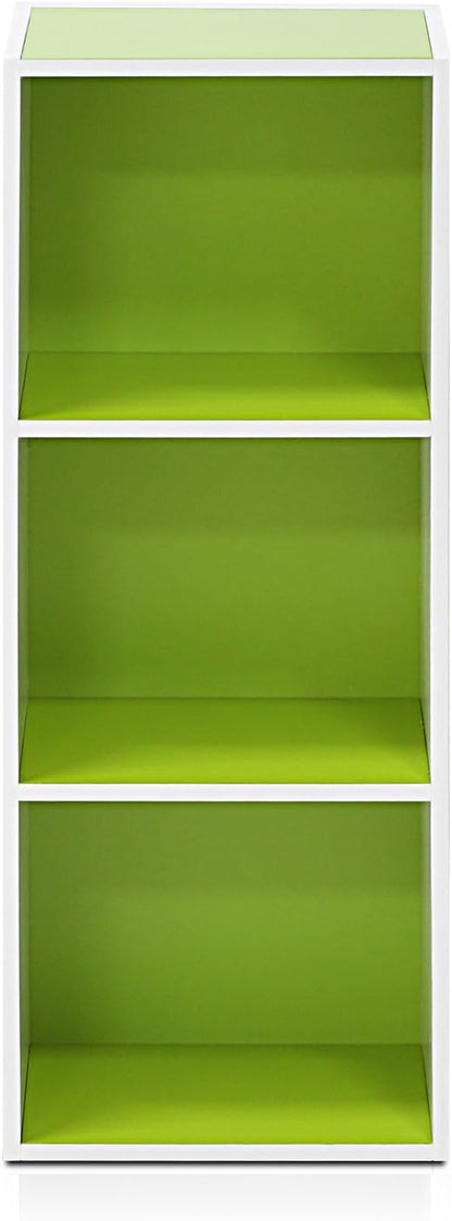 Furinno LUDER Book Shelf, 3-Cube Bookshelf, Bookcase, 9.3" x 12" x 31.5", for Living Room, Bedroom, Home Office, White/Green