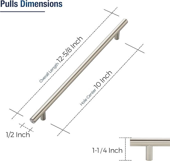 JOY DECOR 5 Pack Cabinet Handles, Brushed Nickel Cabinet Pulls, 10 in Hole Center Kitchen Cabinet Handles, Stainless Steel T Bar Handles for Dresser Drawers