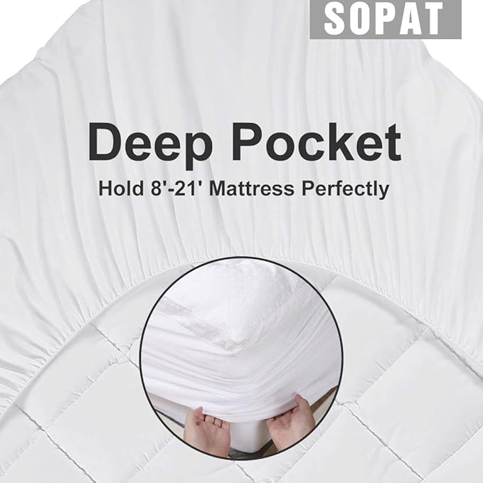 SOPAT Extra Thick Mattress Topper King 400TC Cotton Pillow Top Breathable Mattress Pad Protector with 8-22" Deep Pocket Soft Down Alternative Fill Mattress Cover (78x80 Inches, White)