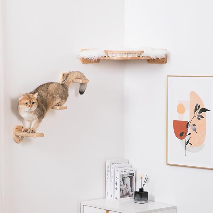 3pcs Cat Wall Steps, Climbing Mounted Furniture, Shelves With Hemp Rope Covered, Solid Wood Ladder for Playing and Climbing (Standard-Wood)-Mewly Pet