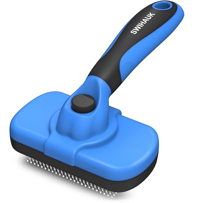 Swihauk Self Cleaning Slicker Brush - Skin Friendly Deshedding Grooming Tool for Dogs & Cats, Suitable for Shedding & Haired Pets, with Pet Supplies Accessories, Blue-Mewly Pet