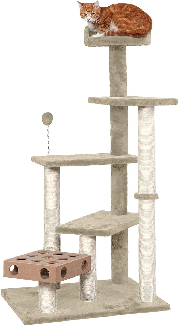Furhaven 49.5" Tall Cat Tree for Indoor Cats, Ft. Sisal Scratching Posts, Plush Ball Toy, & Busy Box Toy - Tiger Tough Play Stairs Interactive Playground Tower - Cream, One Size-Mewly Pet