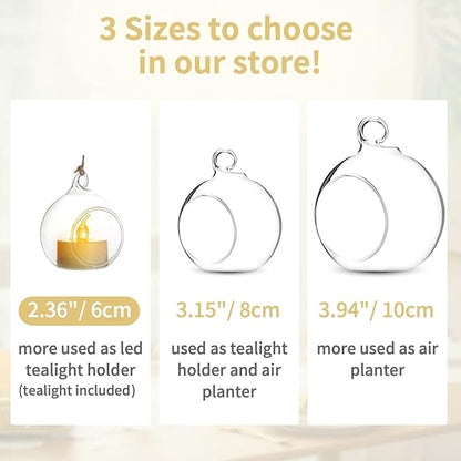 NUPTIO Hanging Glass Globe with Candles: Set of 12 Tealight Candle Holders with LED Tea Lights - 2.36 inch Bulk Clear Votive Candleholders for Party Wedding Birthday Shower Celebration Tree Decoration