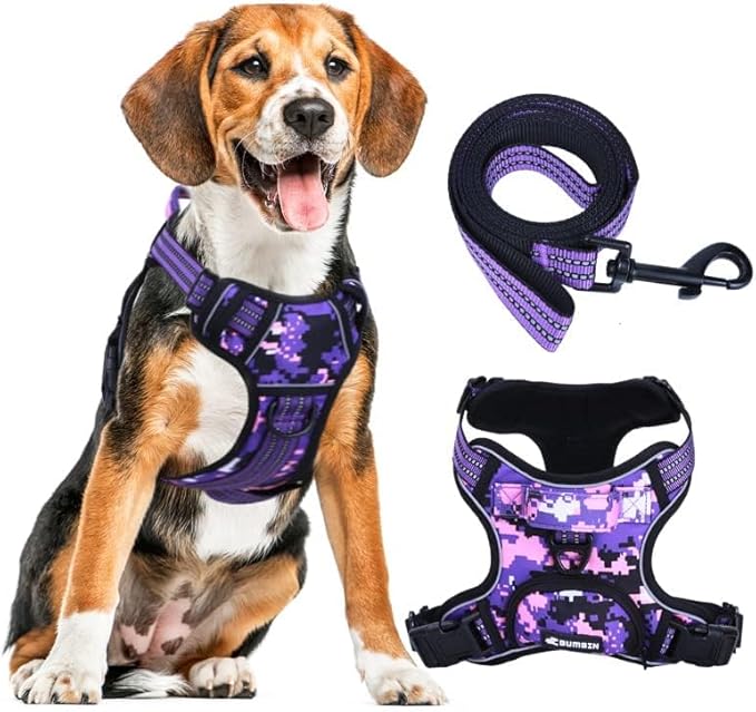 No Pull Dog Harness for Large Dogs, Adjustable No Choke Pet Vest with Dog Leash Fit Smart Reflective Pet Walking Harness for Training Easy Control Soft Handle Purple Camo L-Mewly Pet