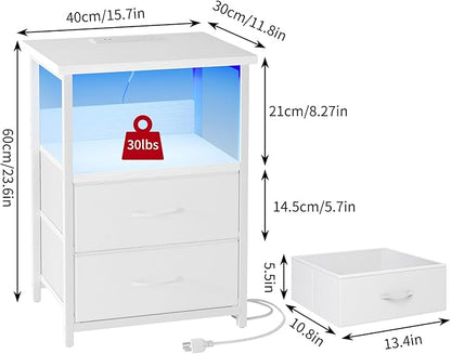 Fixwal Night Stand with Charging Station, LED Nightstand with U-S-B Ports and Outlets, 2 Fabric Storage Drawers with PU Finish, Bed Side Table, White