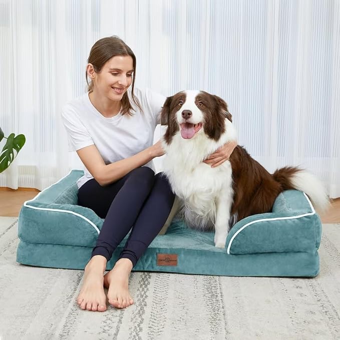 Comfort Expression Orthopedic Foam XL Dog Beds Waterproof, Extra Large Dog Bed with Bolster, Washable Pet Sofa Couch with Removable Cover & Non-Slip Bottom(X-Large,Washed Blue)-Mewly Pet