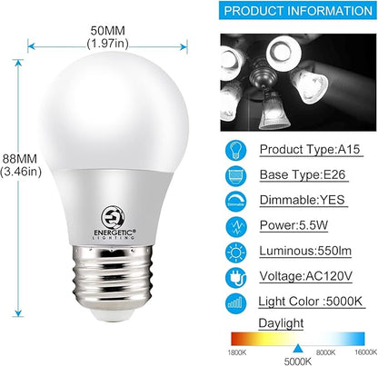 Energetic 5.5W A15 LED Refrigerator Bulb, 40 Watt Equivalent, 5000K Daylight, Dimmable A15 Ceiling Fan Light Bulbs, E26 Base, 2 Pack