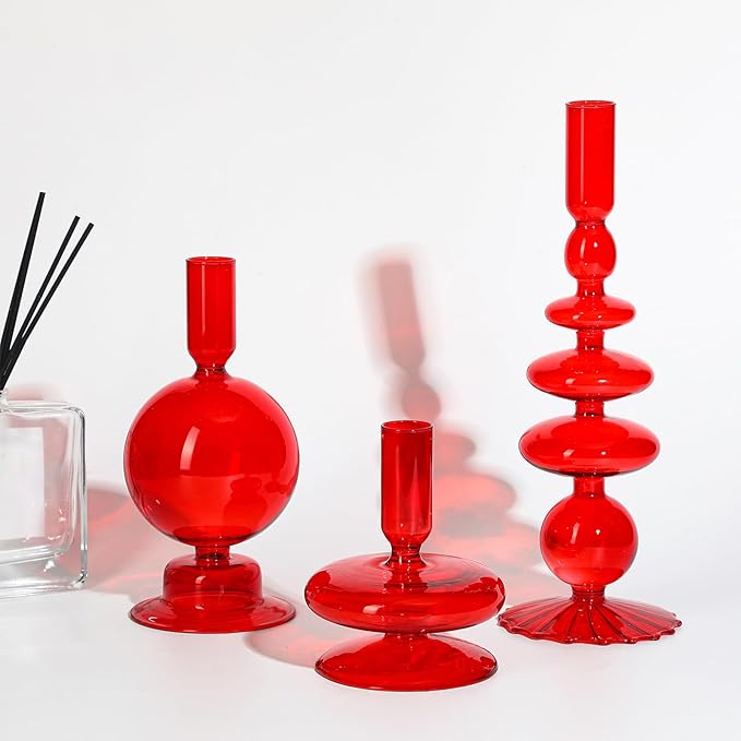 Rtteri 3 Pcs Glass Candlestick Holders Glass Candle Holders Groovy Wavy Elegant Taper Candle Stick for Wedding Home Birthday Party Christmas Halloween Decoration Windowsill Decor(Red)