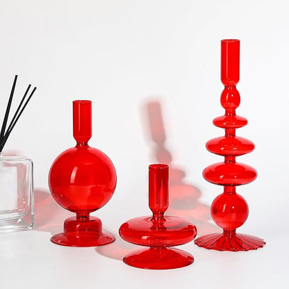 Rtteri 3 Pcs Glass Candlestick Holders Glass Candle Holders Groovy Wavy Elegant Taper Candle Stick for Wedding Home Birthday Party Christmas Halloween Decoration Windowsill Decor(Red)