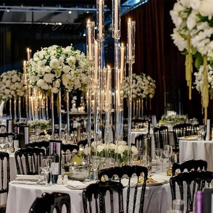 10Sets 8 Arm Acrylic Candelabra Candle Holder for Wedding,38.5 inches Tall Clear Candlestick Holders with Shade for Tables Party Event Dinner Decoration (Fit 0.8" Led Candles)