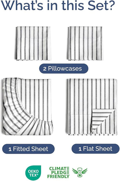Extra Deep Twin Sheet Set - 4 Piece Breathable and Cooling Sheets - Hotel Luxury Bed Sheets Set - Easy Fit - Soft, Wrinkle Free and Comfy Sheets Set - Grey Striped Sheet Set with Extra Deep Pockets