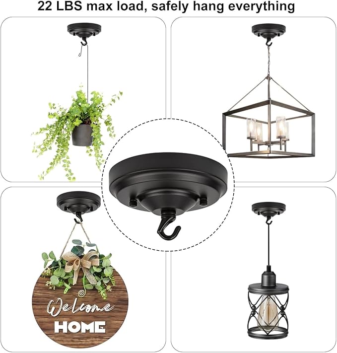 Light Canopy Kit, 6IN Chandelier Kit with Hook, Matte Black Ceiling Metal for Pendant Light, Chandelier, Grow Plant, Max Load 33LBS