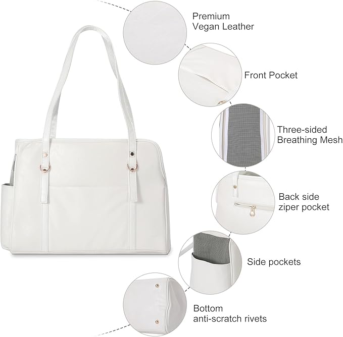 Dog Carrier Purse, Fashion Leather Pet Carrier with Pockets, Airline Approved Soft Sided Dog Carrying Bag for Puppy Cat Dog White-Mewly Pet