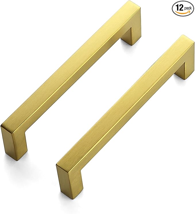 JOY DECOR 12 Pack Cabinet Handles, Gold Cabinet Pulls, 5 Inch Kitchen Closet Handles Square Drawer Pulls Stainless Steel Drawer Hardware, 128mm Hole Centers