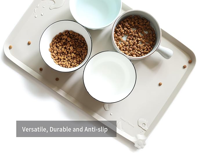 Hoki Found L Silicone Pet Food Mats - Non Slip Cat & Dog Bowl Mats - Waterproof & Carpet Safe - Cream Brown-Mewly Pet