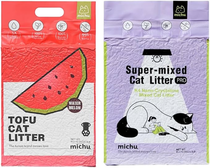 Tofu Cat Litter Natural Clumping Tofu Cat Litter 5.5lb/88oz 5 Scents (Watermelon + Mixed, 2 Pack)-Mewly Pet