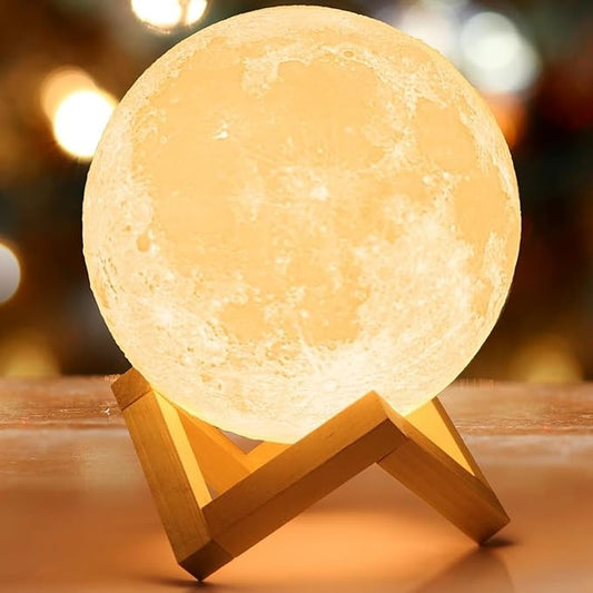 Mydethun 3D Moon Lamp, 9.6' Large Night Light with Wooden Base, Touch-Dimmable & Rechargeable, Gift for Mom, Bedroom, Home Décor, 16 Colors