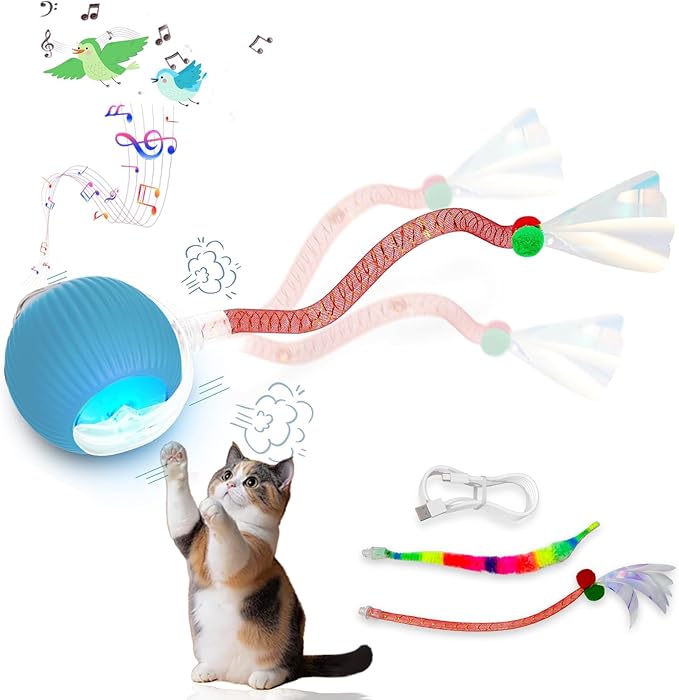 New Upgraded Cat Ball Toy - Speedy Tail 2.0 Cat Toy, Interactive Cat Toy Ball, Stimulating Toys and Juguetes para Gatos, Cat Toys for Bored Indoor（Sound Switchable） (Blue)-Mewly Pet
