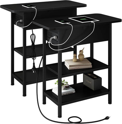LIDYUK End Table with Charging Station, Set of 2 Flip Top Narrow Side Table for Small Spaces, Nightstands Set of 2 for Bedroom, End Tables Living Room with Storage Shelves, Black