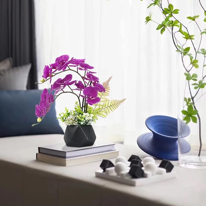 LESING Artificial Potted Orchid Flower for Table Centerpieces,Real Touch Fake Orchid Flowers in Vase for Home Decoration (Style 1,Black Vase)
