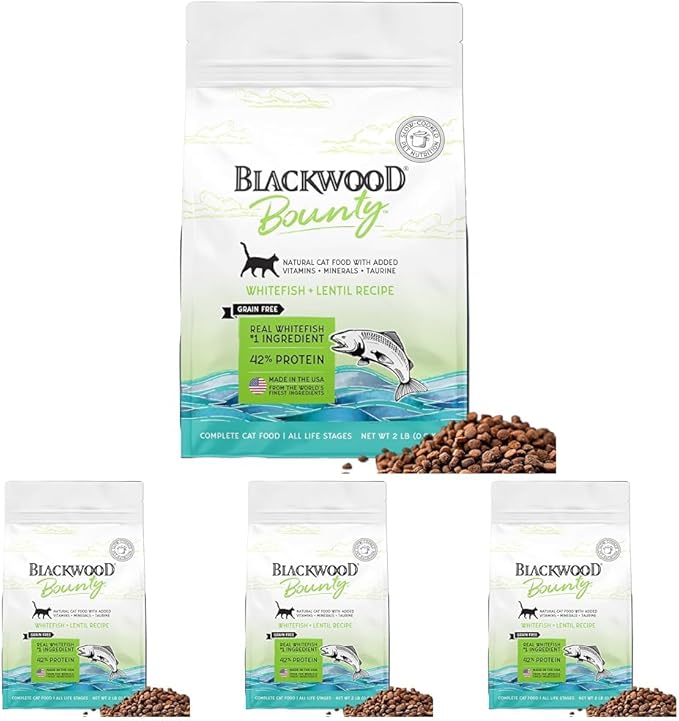 Blackwood Bounty Dry Cat Food, Whitefish & Lentil Recipe for All Life Stages, 2 Pound Bag, High Protein, Grain Free (Pack of 4)-Mewly Pet