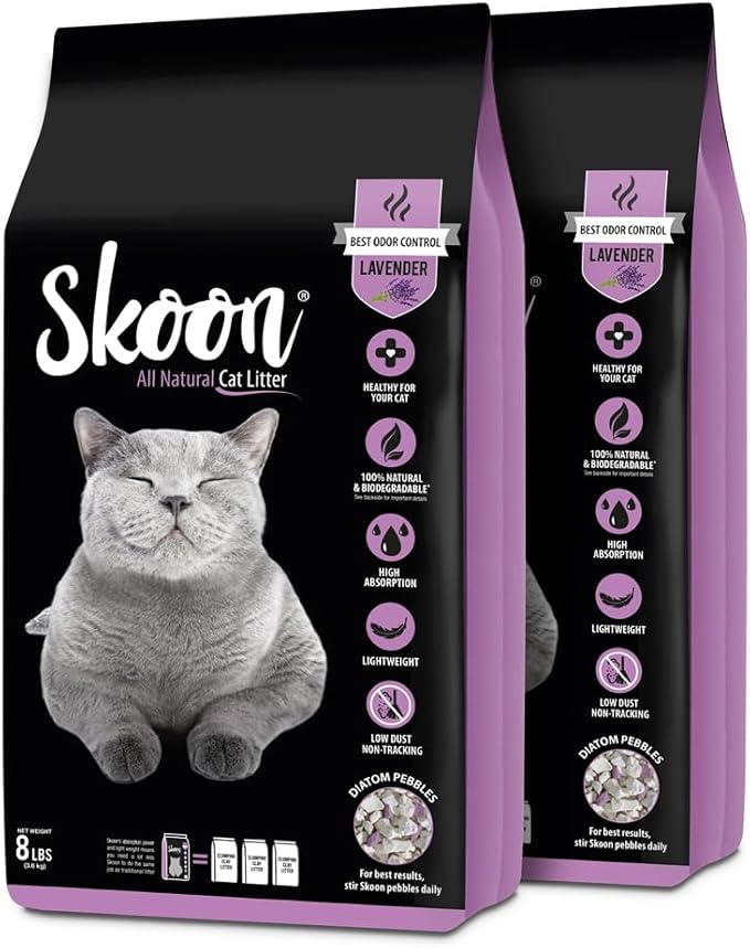 Skoon All Natural Cat Litter (2 Bags) - Lavender - Lightweight, Low Tracking, Non-Clumping Diatom Pebbles Absorb, Lock, and Seal Waste for Best Odor Control-Mewly Pet