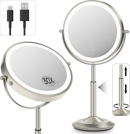 Makeup Mirror with Lights, 1X/30X Lighted Magnifying Mirror Height Adjustable, 3000mAh Rechargeable Double Sided Vanity Mirrors with 3 LED Lighting and Adjustable Brightness for Desk Women Gift