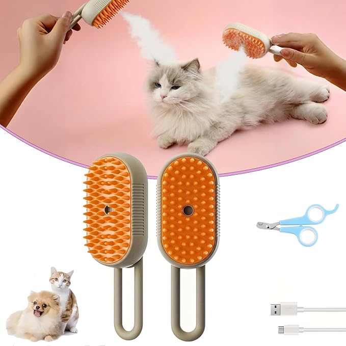 Puffease Cat Steam Brush, Spritz Defur Comb for Cats, Quick & Easy Pet Hair Remover, Massaging & Deshedding - Anti-Static, Moisturizing, USB Rechargeable for Dogs & Cats (Brown)-Mewly Pet