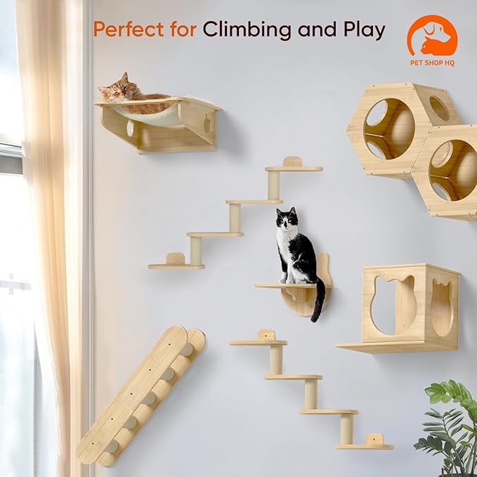 Wall-Mounted Cat Furniture for Climbing - Indoor Wooden Floating Shelves, Perches, Hammock, Bed, Bridges, Walkways - Different Models-Mewly Pet