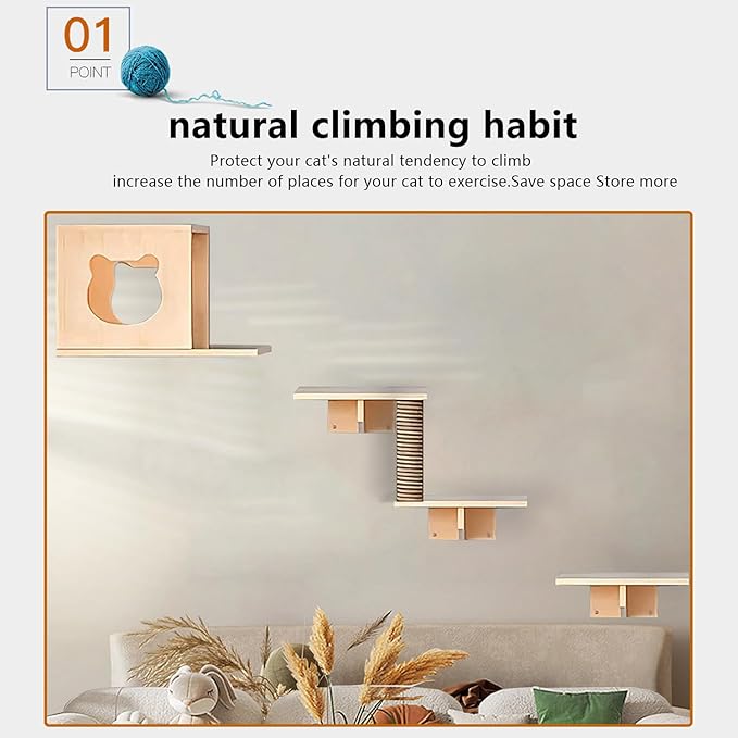 Cat Wall Shelves and Furniture Set with Condos, Perches, Bridge Ladders, Sisal Scratching Posts - Steps and Houses for Cats (C)-Mewly Pet