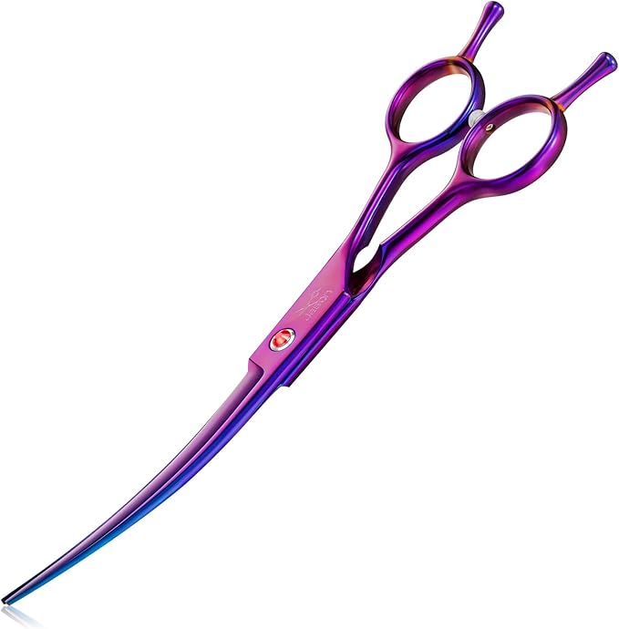 JASON Curved Shears for Dogs - 7.5" Pet Grooming Scissors with Ergonomic Handle Japanese Stainless Steel Trimming Scissor for Dogs, Cats and Other Pets, Sharp (Up-Curved, Purple)-Mewly Pet