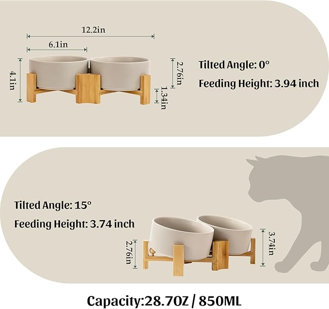 SPUNKYJUNKY 15° Slanted Ceramic Dog and Cat Bowl with Wooden Stand, Tilted Bulldog Food and Water Bowl No Slip Non-Spill for Cats Medium Dogs Big Face Pets 28.7 OZ (3.6 Cups, Grey × 2)-Mewly Pet