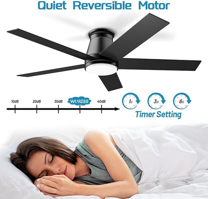 wurzee 52" Flush Mount Low Profile Ceiling Fan, Black,6 Speeds DC Reversible Motor,Timing, Dimmable for Indoor, Patio,Porch, Garage, Shop