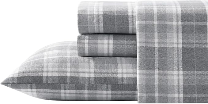 Laura Ashley - Flannel Sheets Twin Size, Anti-Pilling & Wrinkle Resistant Cotton, Touchably Soft for All-Season Comfort - Bed Sheets with Matching Pillowcases & Fitted Sheet (Mulholland Plaid Grey)