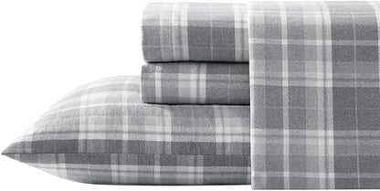 Laura Ashley - Flannel Sheets King Size, Anti-Pilling & Wrinkle Resistant Cotton, Touchably Soft for All-Season Comfort - Bed Sheets with Matching Pillowcases & Fitted Sheet (Mulholland Plaid Grey)