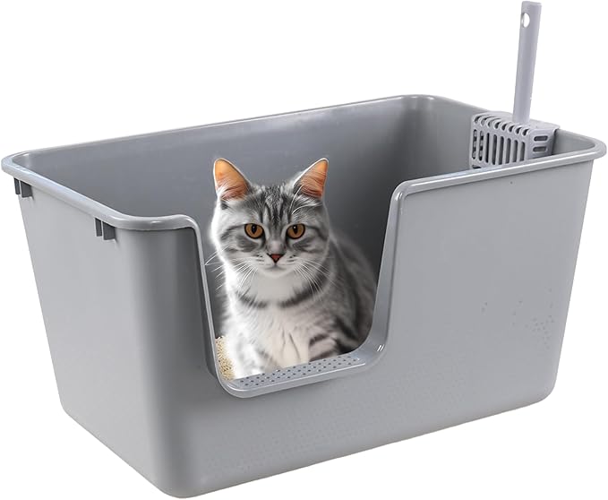 4 Packs Large Cat Litter Box with High Sides, Grey Open Top Cat Litter Basin-Mewly Pet
