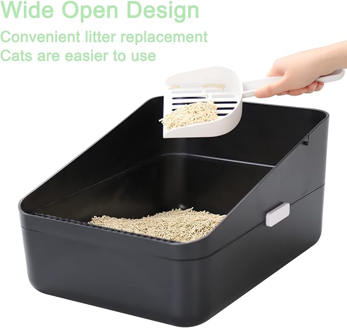 Sfozstra Open Top Litter Box: Black Medium Size with High Sides & Anti Leak Design, Easy Clean Litter Pan for Home Cats-Mewly Pet