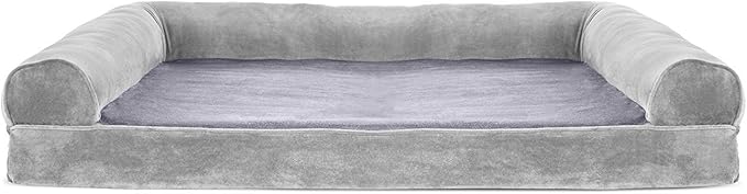 Furhaven Orthopedic Dog Bed for Large Dogs w/ Removable Bolsters & Washable Cover, For Dogs Up to 95 lbs - Faux Fur & Velvet Sofa - Smoke Gray, Jumbo/XL-Mewly Pet