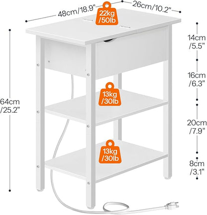 HOOBRO End Table with Charging Station, Narrow Side Table, Flip Top Nightstand with USB Ports and Outlets, Bedside Tables with Shelf for Small Spaces, Living Room, White WT341BZ01