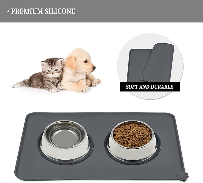 Waterproof Pet Feeding Mat with High Raised Edges, Heavier and Thicker Placemats for Cat Dog Water Bowl with BPA Free, Dogs Cats Food Mats for Messy Drinkers to Prevent Spill and Protect Floors-Mewly Pet