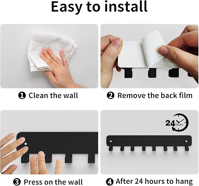 pickpiff 1 Pack Key Holder for Wall Adhesive, Key Hooks with 8 Hooks Wall Mounted, Black Key Hangers for Living Room, Kitchen, Office