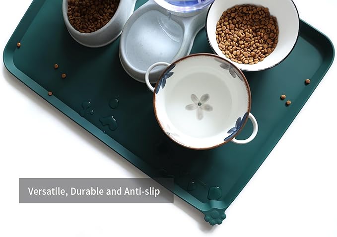 Hoki Found X-Large Silicone Non Slip Pet Food Mats - Tray for Dogs, Cats - Waterproof Feeding Mat - Dark Cedar-Mewly Pet