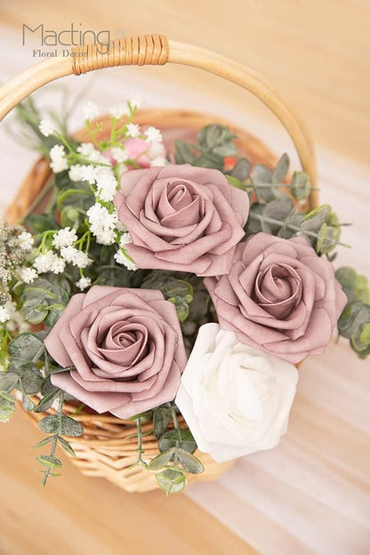 MACTING Artificial Rose Flowers 30PCS Real Touch Fake Flowers with Stem Foam Roses for DIY Wedding Bouquets Table Centerpieces Baby Shower Party Spring Home Mothers Day Decor (Dusty Purple Pink)